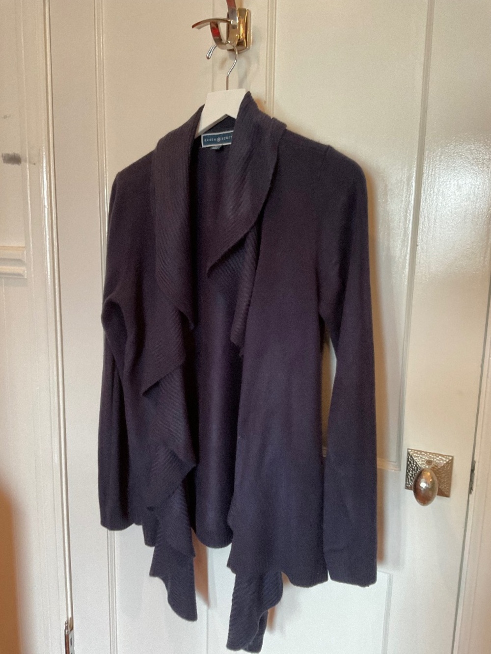 Karen Scott deep blue cardigan PL, ruffle detailing